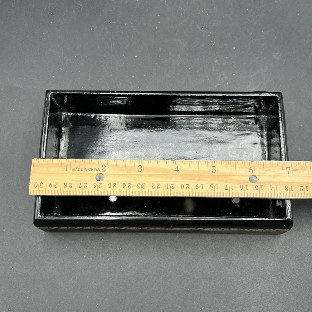 VTG Thai Black & Gold Lacquerware Handcrafted Wood Trinket Box Deity Motif 7
